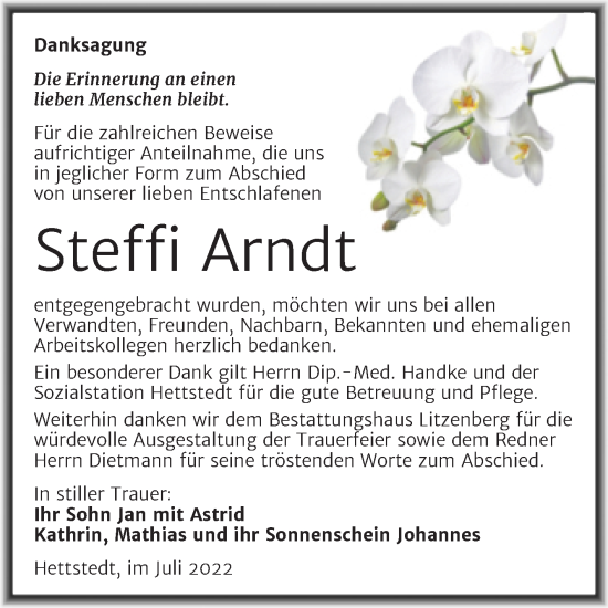 Traueranzeige von Steffi Arndt von Trauerkombi Mansfelder Land