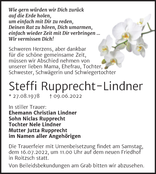 Traueranzeige von Steffi Rupprecht-Lindner von Trauerkombi Bitterfeld
