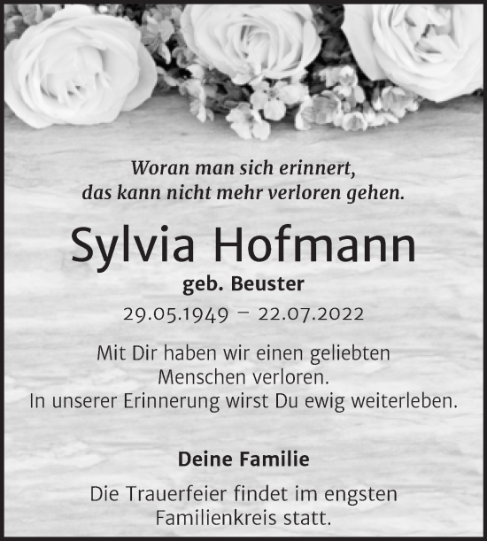 Traueranzeige von Sylvia Hofmann von Trauerkombi Bernburg