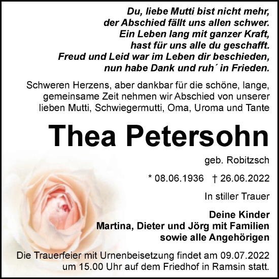 Traueranzeige von Thea Petersohn von Trauerkombi Bitterfeld