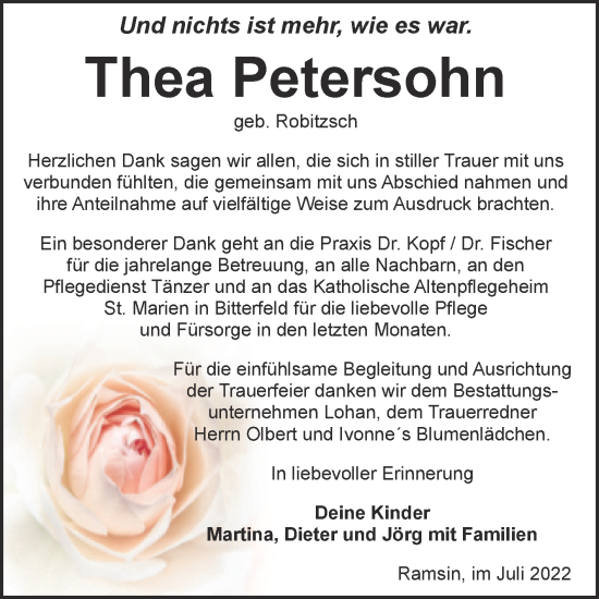 Traueranzeige von Thea Petersohn von Trauerkombi Bitterfeld