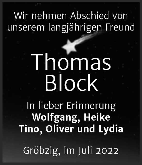 Traueranzeige von Thomas Block von Trauerkombi Köthen