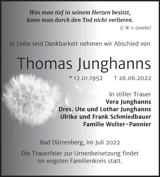 Traueranzeige von Thomas Junghanns von Mitteldeutsche Zeitung Merseburg/Querfurt