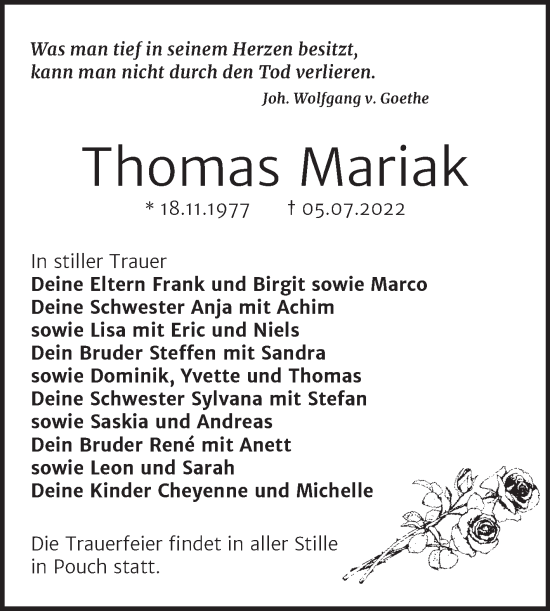 Traueranzeige von Thomas Mariak von Trauerkombi Bitterfeld
