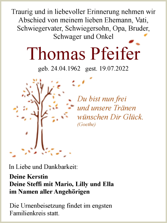 Traueranzeige von Thomas Pfeifer von Trauerkombi Quedlinburg