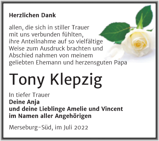 Traueranzeige von Tony Klepzig von Trauerkombi Merseburg