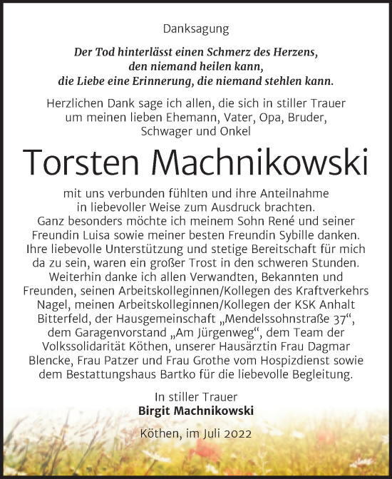 Traueranzeige von Torsten Machnikowski von Trauerkombi Köthen