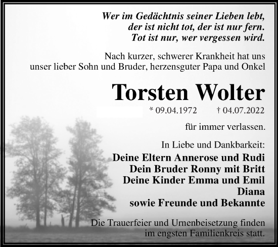 Traueranzeige von Torsten Wolter von Trauerkombi Dessau