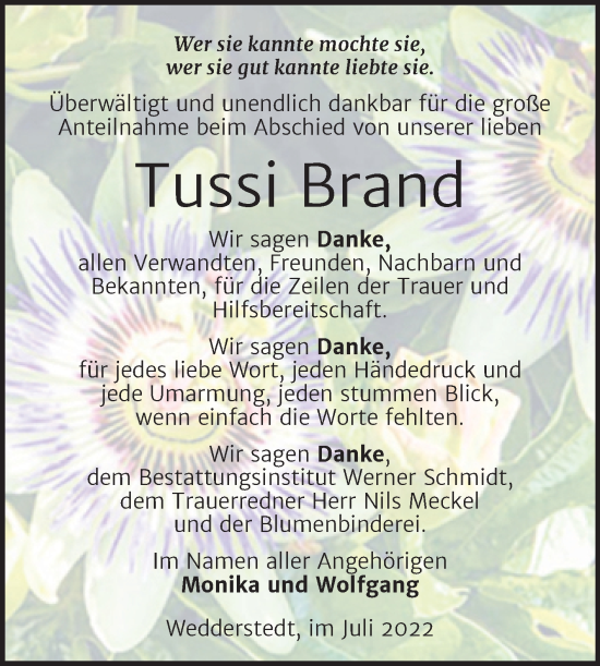 Traueranzeige von Tussi Brand von Trauerkombi Quedlinburg