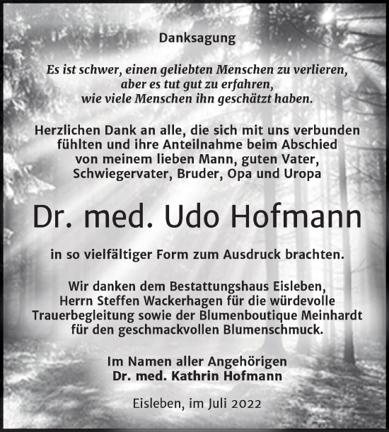 Traueranzeige von Udo Hofmann von Trauerkombi Mansfelder Land
