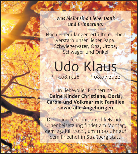 Traueranzeige von Udo Klaus von Trauerkombi Quedlinburg