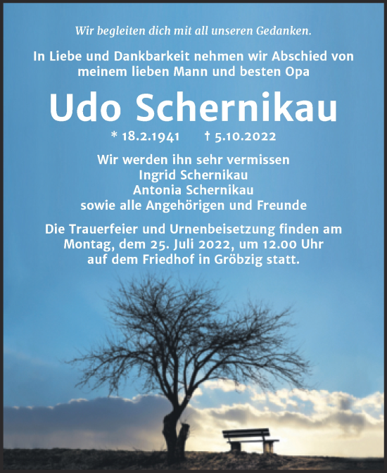Traueranzeige von Udo Schernikau von Trauerkombi Köthen