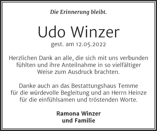 Traueranzeige von Udo Winzer von Trauerkombi Bitterfeld