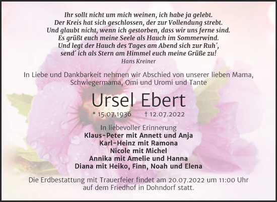 Traueranzeige von Ursel Ebert von Trauerkombi Köthen