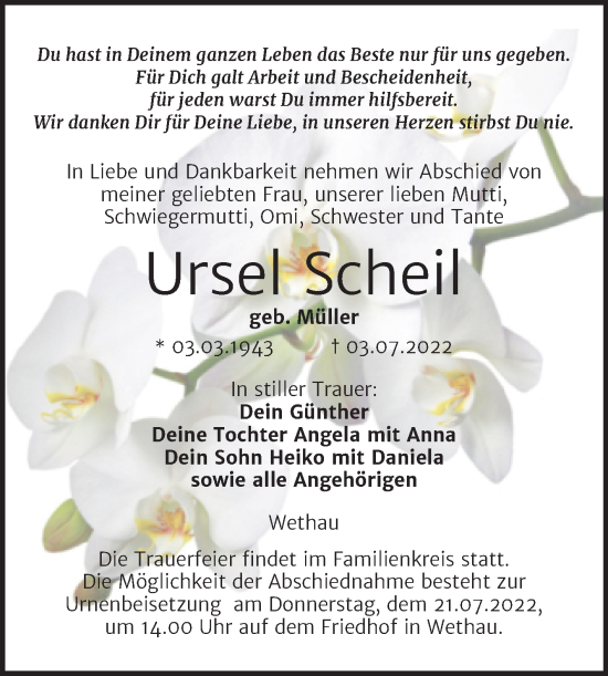 Traueranzeige von Ursel Scheil von Wochenspiegel Naumburg/Nebra