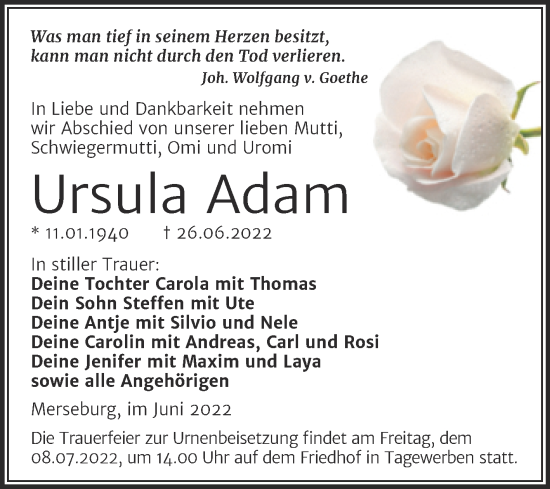 Traueranzeige von Ursula Adam von Trauerkombi Merseburg