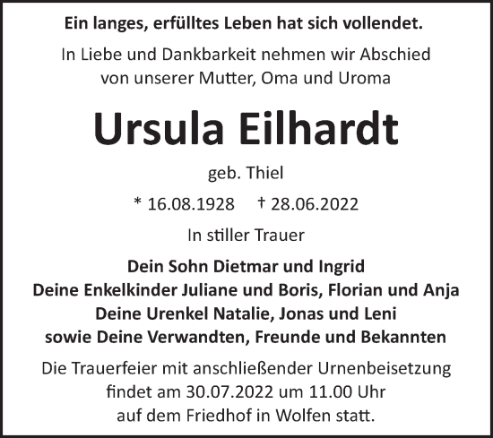 Traueranzeige von Ursula Eilhardt von Trauerkombi Bitterfeld