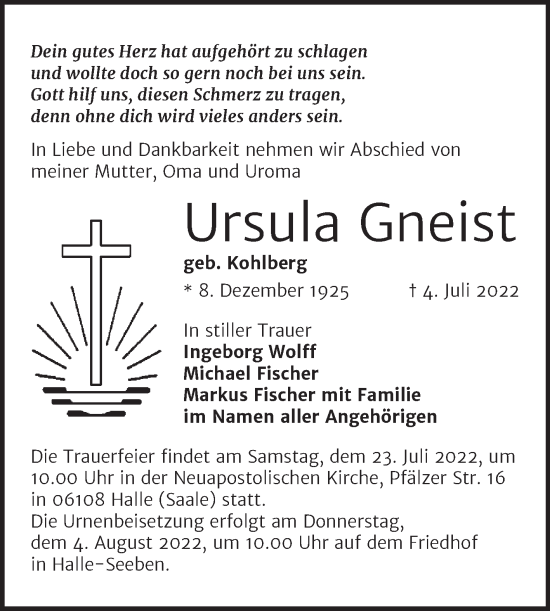 Traueranzeige von Ursula Gneist von Mitteldeutsche Zeitung Halle/Saalkreis