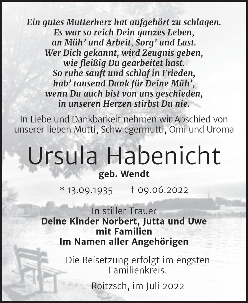  Traueranzeige für Ursula Habenicht vom 09.07.2022 aus Trauerkombi Bitterfeld