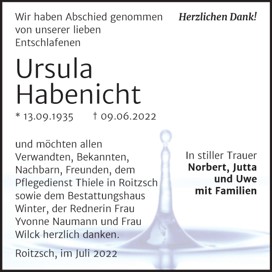 Traueranzeige von Ursula Habenicht von Trauerkombi Bitterfeld