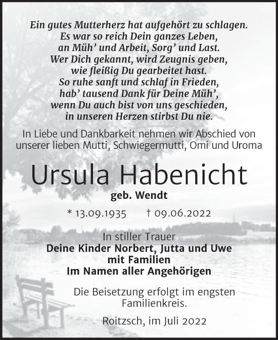 Traueranzeige von Ursula Habenicht von Trauerkombi Bitterfeld
