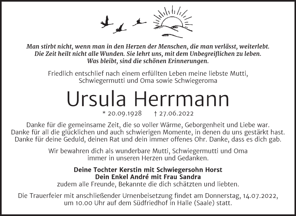  Traueranzeige für Ursula Herrmann vom 02.07.2022 aus Mitteldeutsche Zeitung Halle/Saalkreis