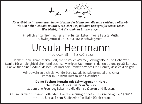 Traueranzeige von Ursula Herrmann von Mitteldeutsche Zeitung Halle/Saalkreis