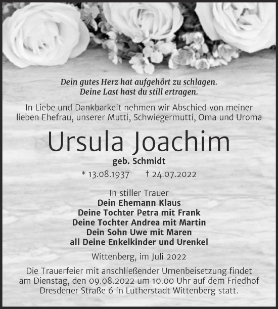 Traueranzeige von Ursula Joachim von Trauerkombi Wittenberg