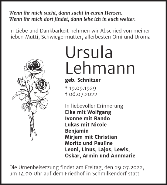 Traueranzeige von Ursula Lehmann von Trauerkombi Wittenberg