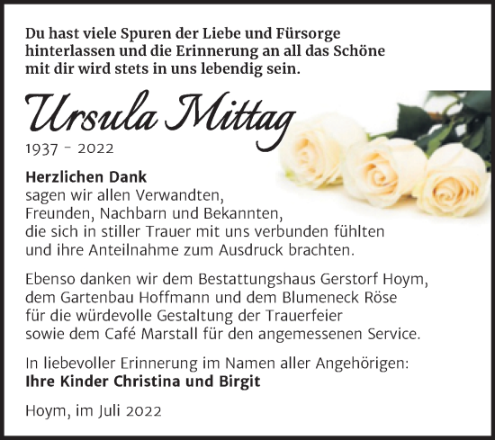 Traueranzeige von Ursula Mittag von Trauerkombi Aschersleben