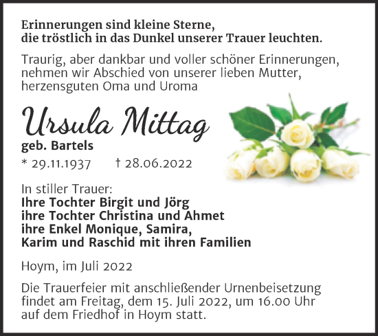 Traueranzeige von Ursula Mittag von Trauerkombi Aschersleben