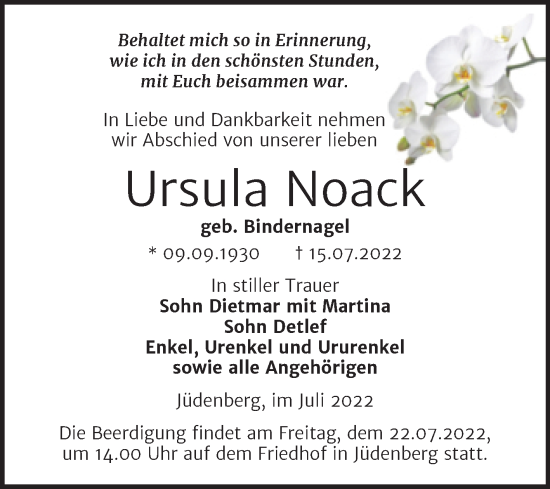 Traueranzeige von Ursula Noack von Mitteldeutsche Zeitung