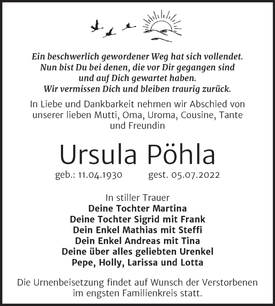 Traueranzeige von Ursula Pöhla von Super Sonntag Wittenberg