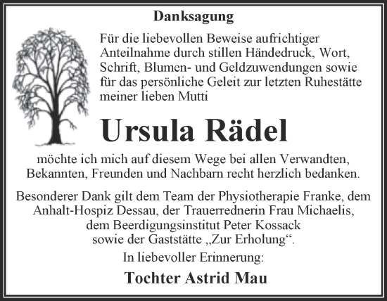 Traueranzeige von Ursula Rädel von Trauerkombi Dessau