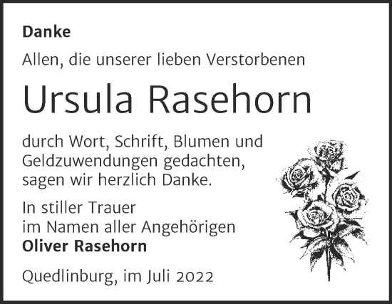 Traueranzeige von Ursula Rasehorn von Trauerkombi Quedlinburg