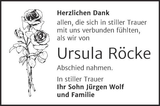 Traueranzeige von Ursula Röcke von Trauerkombi Mansfelder Land