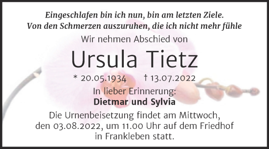 Traueranzeige von Ursula Tietz von Trauerkombi Merseburg