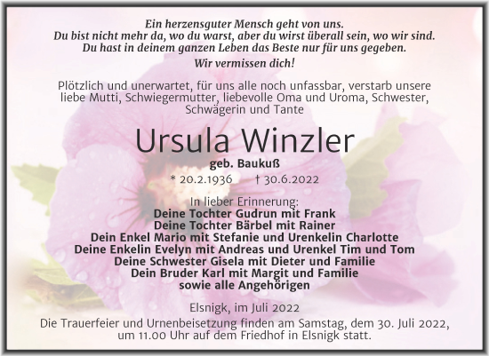 Traueranzeige von Ursula Winzler von Trauerkombi Köthen