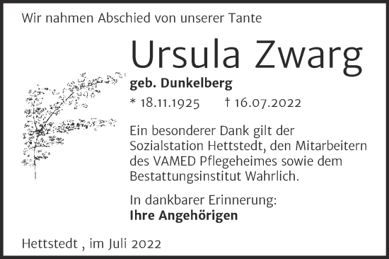 Traueranzeige von Ursula Zwarg von Trauerkombi Mansfelder Land