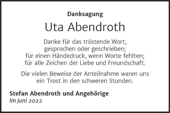 Traueranzeige von Uta Abendroth von Trauerkombi Sangerhausen