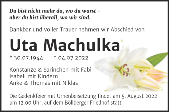Traueranzeige von Uta Machulke von Mitteldeutsche Zeitung Halle/Saalkreis