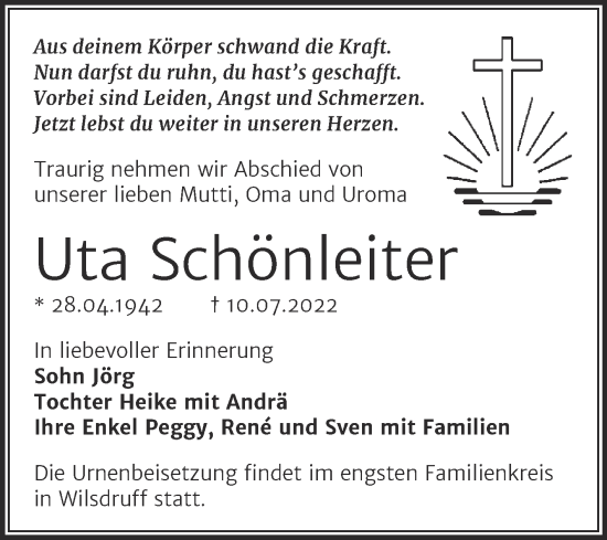 Traueranzeige von Uta Schönleiter von Trauerkombi Merseburg