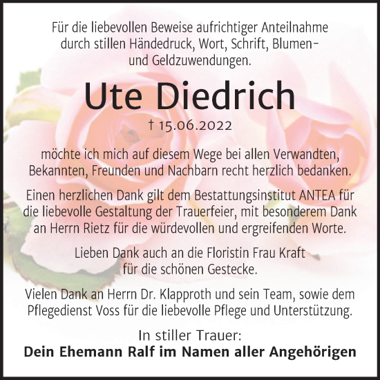 Traueranzeige von Ute Diedrich von Trauerkombi Dessau