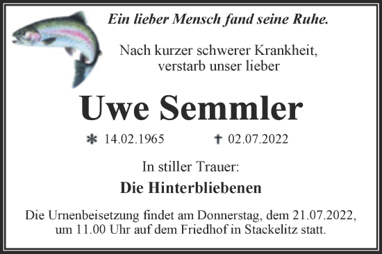 Traueranzeige von Uwe Semmler von Trauerkombi Wittenberg