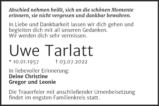 Traueranzeige von Uwe Tarlatt von Mitteldeutsche Zeitung Halle/Saalkreis
