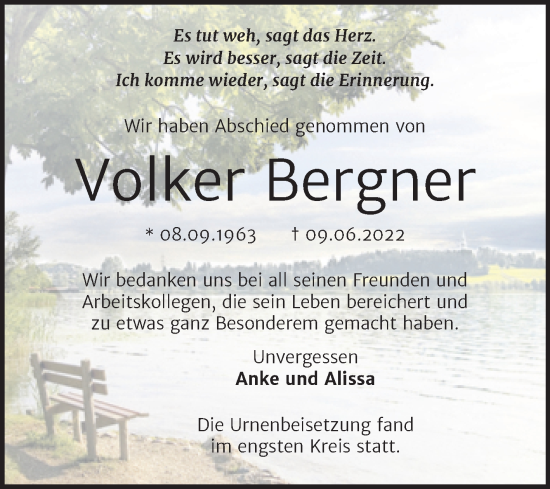 Traueranzeige von Volker Bergner von Trauerkombi Bernburg
