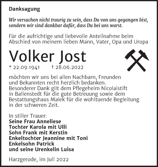 Traueranzeige von Volker Jost von Trauerkombi Quedlinburg