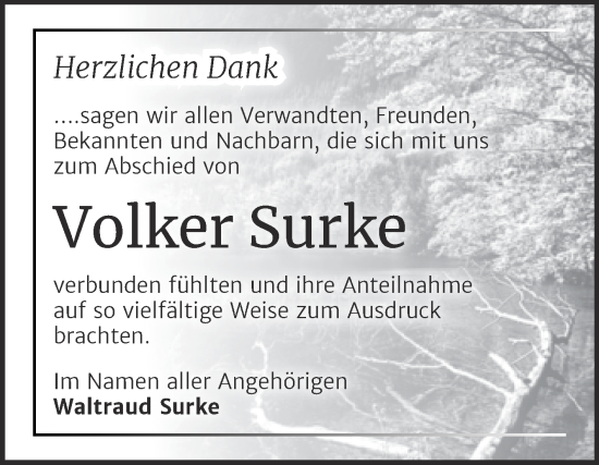 Traueranzeige von Volker Surke von Trauerkombi Dessau