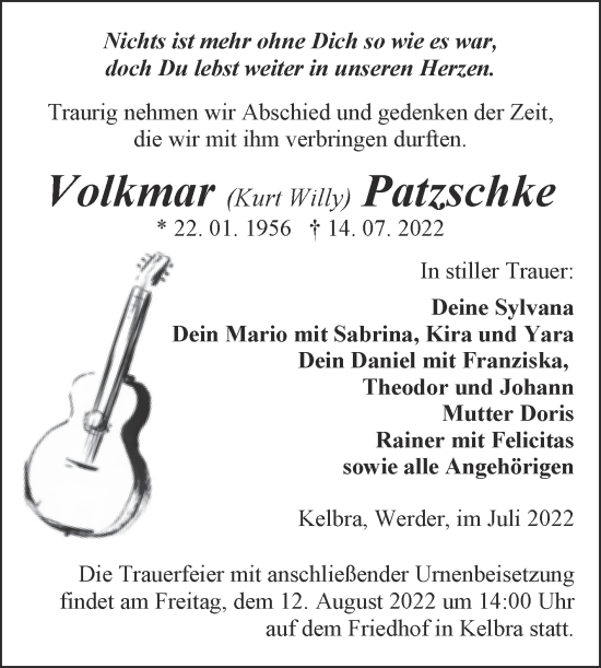 Traueranzeige von Volkmar Kurt Willy Patzschke von Trauerkombi Sangerhausen