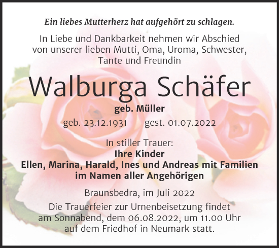 Traueranzeige von Walburga Schäfer von Trauerkombi Merseburg
